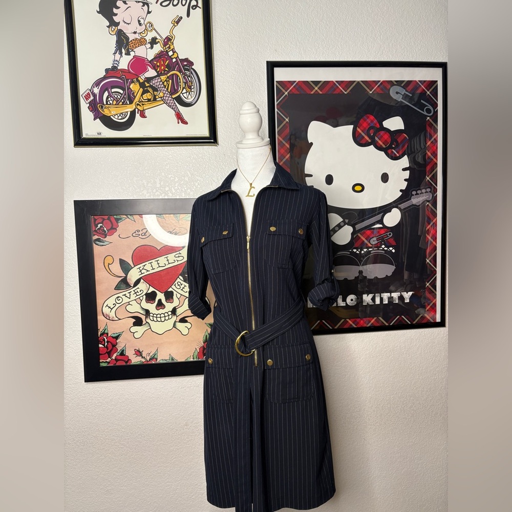 CB Navy Pinstripe Zip Up Midi Dress Gold Hardware Belt Utility Dark Academia